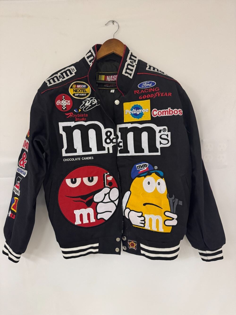 VTG NASCAR M&M Racing Jacket Twill #38 Elliot Sadler Black JH Designs Sz Large